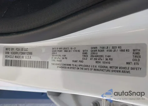 2022 Ram 1500 Laramie 4X4 5'7 Box from USA, damaged, VIN 1C6SRFJT3NN112996